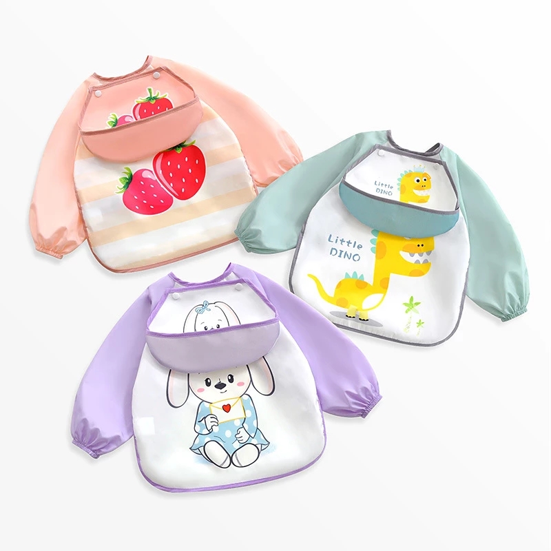 HappyFlute Waterproof Printing Baby Bibs With Long Sleeve Detachable Pocket Children Bib Burp Clothes