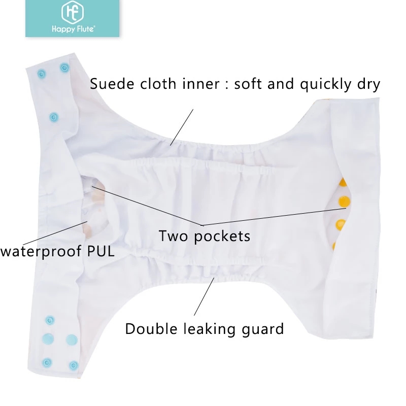 Happy Flute 2Pcs Comfortbale Baby Nappy Reusable Suede Cloth Pocket Baby Cloth Diaper With Two Pockets With 4 Microfiber Inserts