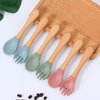  Happyflute 2PCS Baby Bamboo Fork Silicone Wooden Baby Feeding Spoon Toddlers Infant Feeding Accessories BPA Free Food Grade